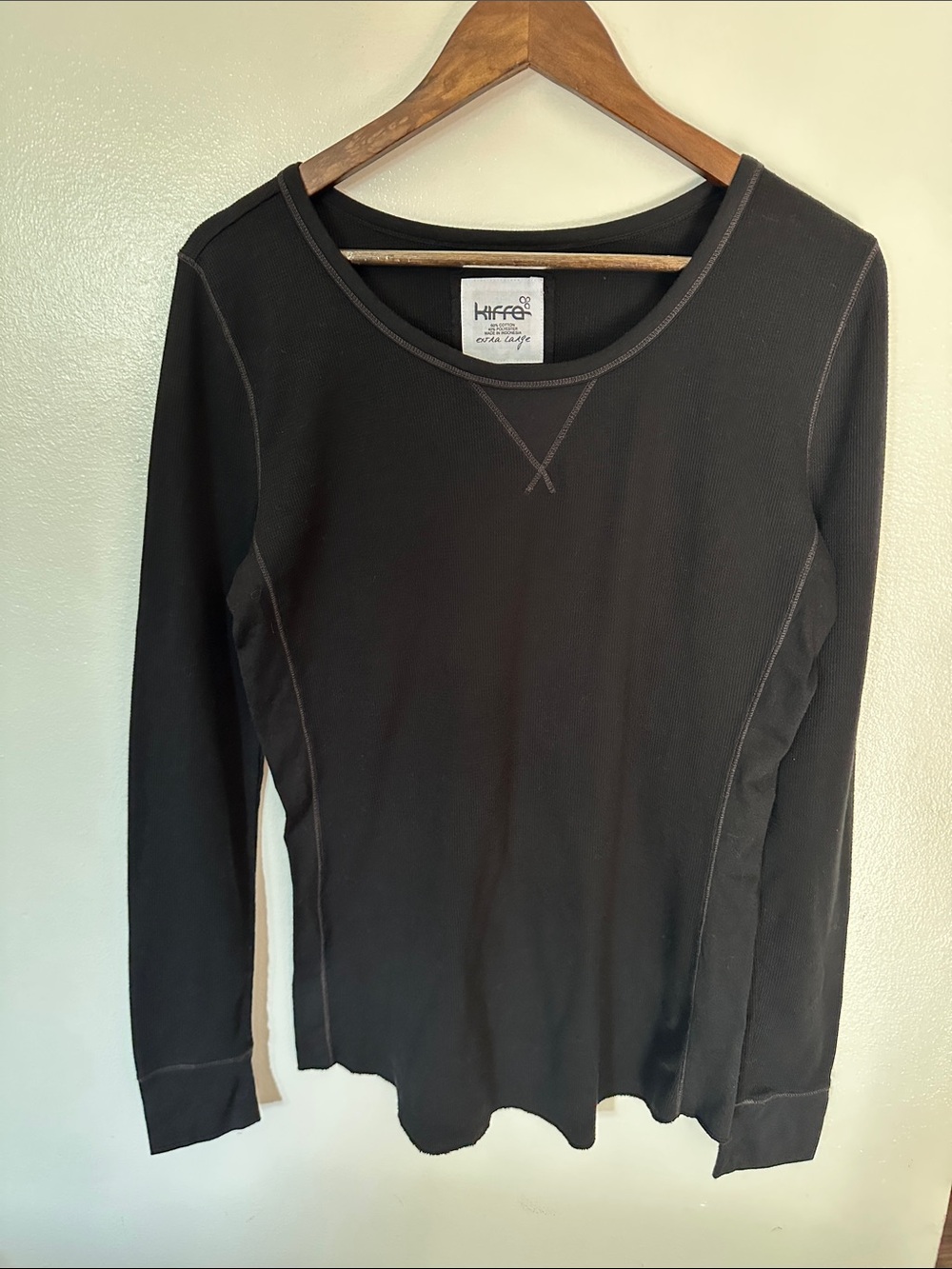 Kirra Black Long Sleeve Scoop Neck Henley Tee with Contrast Stitching